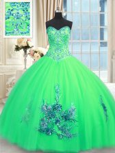  Turquoise Quinceanera Gown Military Ball and Sweet 16 and Quinceanera with Beading and Appliques and Embroidery Sweetheart Sleeveless Lace Up