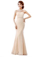 Stylish Peach Column/Sheath Beading and Lace Homecoming Dress Zipper Lace Sleeveless Floor Length