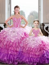 Glittering Hot Pink Ball Gowns Beading and Ruffles Sweet 16 Dresses Lace Up Organza Sleeveless Floor Length