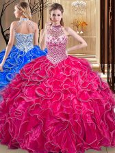  Hot Pink Lace Up Halter Top Beading and Ruffles 15th Birthday Dress Organza Sleeveless