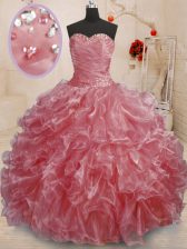 Comfortable Watermelon Red Ball Gown Prom Dress Military Ball and Sweet 16 and Quinceanera with Beading and Ruffles Sweetheart Sleeveless Lace Up