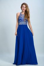 New Arrival Royal Blue Empire Scoop Sleeveless Chiffon Floor Length Criss Cross Beading Prom Evening Gown