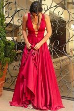On Sale With Train Red Homecoming Dress V-neck Sleeveless Brush Train Criss Cross