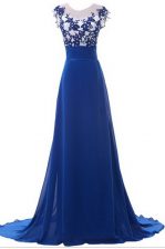 Sweet Scoop Beading and Appliques Prom Evening Gown Blue Zipper Sleeveless With Brush Train