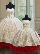 Chic White and Red Lace Up Strapless Embroidery and Ruffled Layers Ball Gown Prom Dress Organza and Taffeta Sleeveless