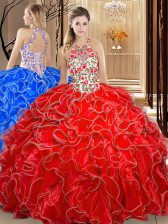  Coral Red Ball Gowns Scoop Sleeveless Organza Floor Length Backless Embroidery and Ruffles Quinceanera Dresses