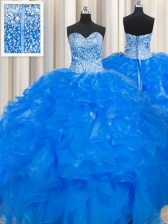  Visible Boning Beaded Bodice Beading and Ruffles Vestidos de Quinceanera Blue Lace Up Sleeveless Floor Length