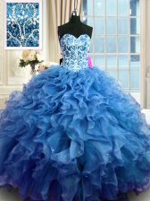 Spectacular Floor Length Lace Up Quinceanera Gowns Blue for Military Ball and Sweet 16 and Quinceanera with Beading and Ruffles