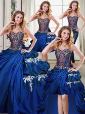 Simple Four Piece Royal Blue Ball Gowns Beading and Appliques and Pick Ups Sweet 16 Dresses Lace Up Taffeta Sleeveless Floor Length