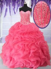  Rose Pink Ball Gowns Organza Sweetheart Sleeveless Beading and Ruffles Floor Length Lace Up 15 Quinceanera Dress