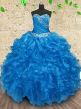 Comfortable Baby Blue Sleeveless Floor Length Beading and Ruching Lace Up Quinceanera Dress