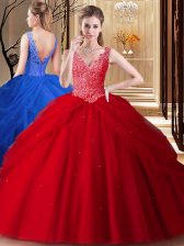  Red Sweet 16 Dresses Military Ball and Sweet 16 and Quinceanera with Lace and Appliques and Pick Ups V-neck Sleeveless Backless