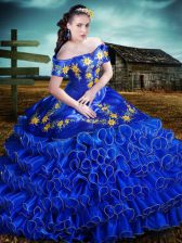 Stylish Off the Shoulder Royal Blue Lace Up Vestidos de Quinceanera Embroidery and Ruffled Layers Short Sleeves Floor Length