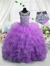  Scoop Sleeveless Organza Floor Length Lace Up Kids Formal Wear in Lavender with Beading and Ruffled Layers
