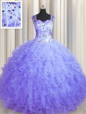 Suitable See Through Zipper Up Floor Length Ball Gowns Sleeveless Lavender Quinceanera Gowns Zipper