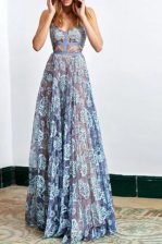 Stunning Lace Prom Dresses Blue Backless Sleeveless Floor Length