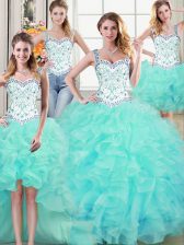 Fitting Four Piece Aqua Blue Straps Lace Up Beading and Lace and Ruffles Sweet 16 Dress Sleeveless