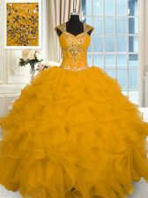  Gold Ball Gowns Beading and Ruffles Quinceanera Gowns Lace Up Organza Cap Sleeves Floor Length