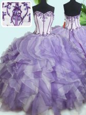 Fashionable White And Purple Organza Lace Up Vestidos de Quinceanera Sleeveless Floor Length Beading and Ruffles