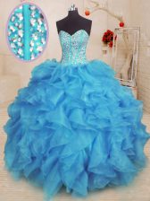  Baby Blue Quince Ball Gowns Military Ball and Sweet 16 and Quinceanera with Beading and Ruffles Sweetheart Sleeveless Lace Up