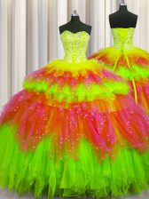 Exceptional Bling-bling Visible Boning Tulle Sweetheart Sleeveless Lace Up Beading and Ruffles and Ruffled Layers and Sequins Vestidos de Quinceanera in Multi-color