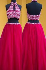 Charming Fuchsia A-line Satin Halter Top Sleeveless Beading Floor Length Backless Prom Party Dress