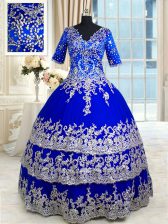  Royal Blue V-neck Neckline Appliques and Ruffled Layers Quinceanera Dress Half Sleeves Zipper