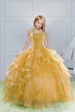 Stunning Orange Ball Gowns Halter Top Sleeveless Organza Floor Length Lace Up Beading and Ruffles Party Dress Wholesale
