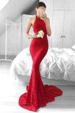 Extravagant Red Mermaid Lace Halter Top Sleeveless Lace Backless Prom Gown Sweep Train