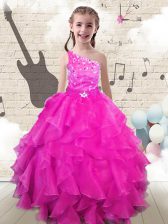  One Shoulder Organza Sleeveless Floor Length Girls Pageant Dresses and Beading and Ruffles