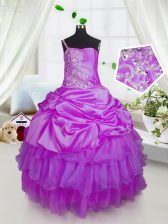 Excellent Lavender Satin and Tulle Lace Up One Shoulder Sleeveless Floor Length Little Girls Pageant Dress Wholesale Beading and Ruffled Layers and Pick Ups