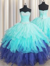 Custom Designed Multi-color Quinceanera Dress Military Ball and Sweet 16 and Quinceanera with Beading and Ruffles and Ruffled Layers and Sequins Sweetheart Sleeveless Lace Up