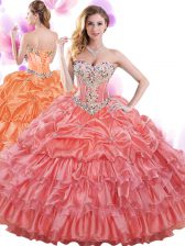 Cheap Watermelon Red Ball Gowns Organza Sweetheart Sleeveless Beading and Ruffled Layers and Pick Ups Floor Length Lace Up 15 Quinceanera Dress