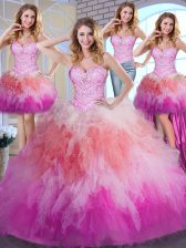 Low Price Four Piece Tulle Sleeveless Floor Length 15th Birthday Dress and Beading and Ruffles