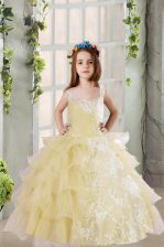  Light Yellow Lace Up Child Pageant Dress Lace and Ruffled Layers Sleeveless Floor Length