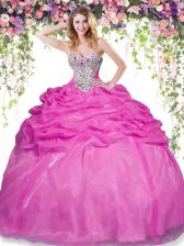 Clearance Floor Length Lace Up Quinceanera Gown Hot Pink for Military Ball and Sweet 16 and Quinceanera with Beading and Pick Ups