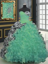 Adorable Green Lace Up Sweetheart Beading and Ruffles and Pattern Quinceanera Dress Organza and Printed Sleeveless Brush Train