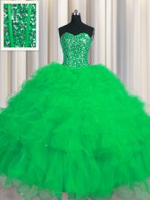 Dynamic Visible Boning Green Ball Gowns Beading and Ruffles and Sequins 15 Quinceanera Dress Lace Up Tulle Sleeveless Floor Length