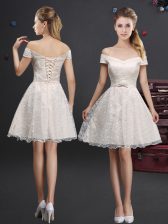 Off the Shoulder Champagne Lace Up Vestidos de Damas Lace and Appliques Sleeveless Knee Length