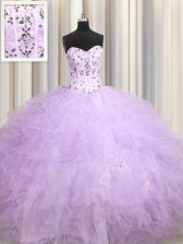  Visible Boning Lavender Ball Gowns Tulle Sweetheart Sleeveless Beading and Appliques and Ruffles Floor Length Lace Up Ball Gown Prom Dress