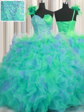 Fashion One Shoulder Handcrafted Flower Floor Length Lace Up Sweet 16 Dresses Multi-color for Military Ball and Sweet 16 and Quinceanera with Beading and Ruffles and Hand Made Flower