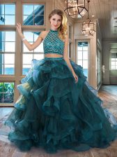  Teal Two Pieces Halter Top Sleeveless Tulle Brush Train Backless Beading and Ruffles Quinceanera Dresses