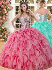 Unique Coral Red Quince Ball Gowns Military Ball and Sweet 16 and Quinceanera with Beading and Ruffles Sweetheart Sleeveless Lace Up