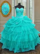  Pick Ups Ruffled Ball Gowns Quinceanera Dress Aqua Blue Sweetheart Organza Sleeveless Floor Length Lace Up