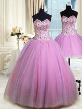 Sweet Three Piece Lilac Ball Gowns Beading Quinceanera Dress Lace Up Tulle Sleeveless Floor Length