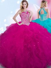  Halter Top Fuchsia Sleeveless Floor Length Beading Lace Up 15 Quinceanera Dress