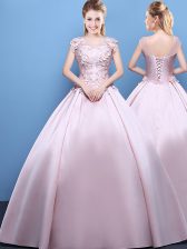 Trendy Pink Scoop Lace Up Appliques Quinceanera Gowns Cap Sleeves