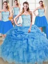 Colorful Four Piece Pick Ups Ball Gowns 15th Birthday Dress Blue Sweetheart Organza Sleeveless Floor Length Lace Up