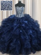 Spectacular Visible Boning Bling-bling Navy Blue Ball Gowns Sweetheart Sleeveless Organza With Brush Train Lace Up Beading and Ruffles Sweet 16 Dresses