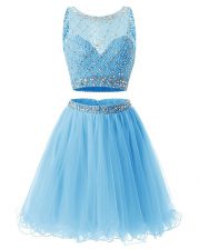  Mini Length Side Zipper Dress for Prom Baby Blue for Prom and Party with Beading and Belt